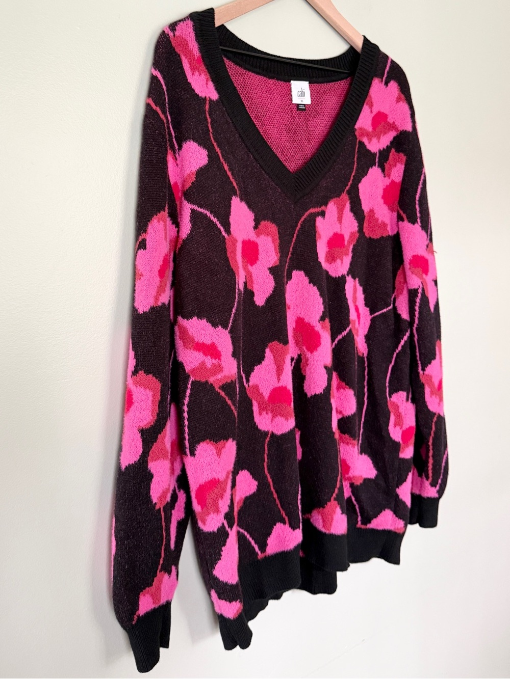 Cabi Rococo Floral V Neck Pullover Sweater Peony Print Pink Black Size XL - Picture 5 of 9